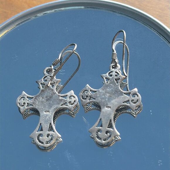 Vintage 925 Silver Cross Drop Wire Earrings - Picture 2 of 4